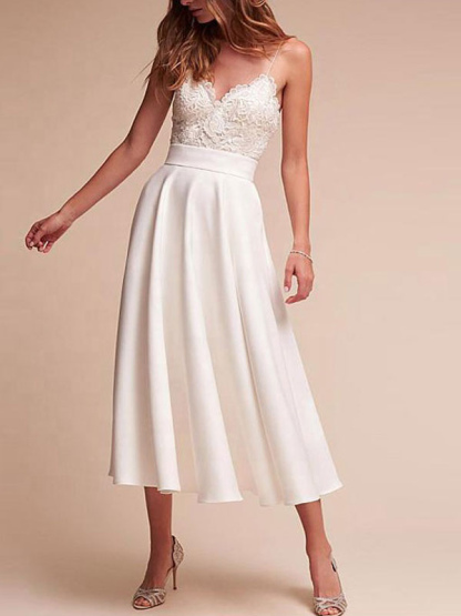 Short Wedding Dress V Neck Sleeveless A Line Tea Length Straps Bridal Gowns-newarrivaldress