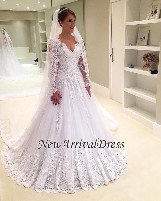 A-Line Tulle Elegant Lace Appliques Custom Made V-Neck Beadings Long Sleeve Wedding Dress-newarrivaldress