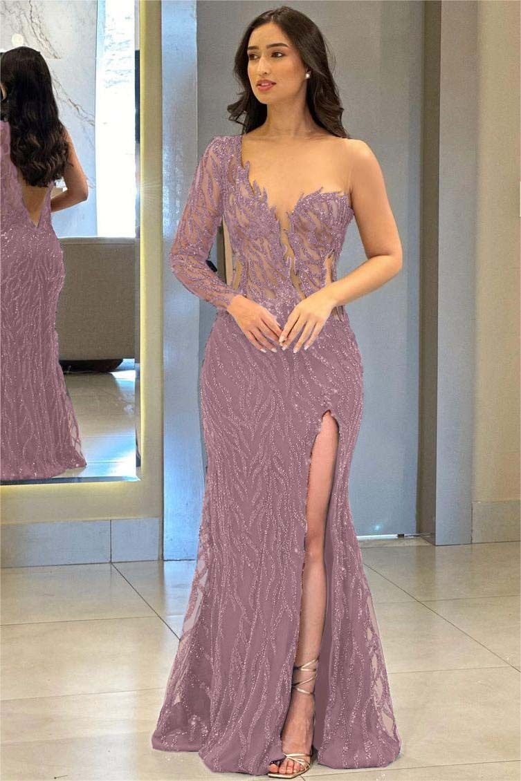 One Shoulder One Long Sleeve Backless Mermaid Split Prom Dress With Appliques