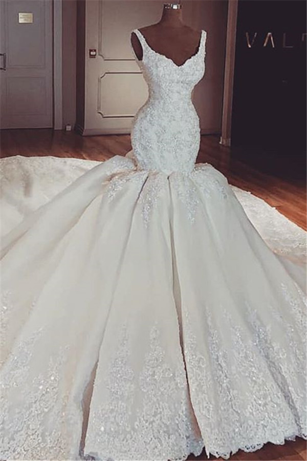 Glamorous Mermaid Puffy Lace Wedding Dresses | 2021 Straps Lace Appliques Sleeveless Bridal Gowns-newarrivaldress