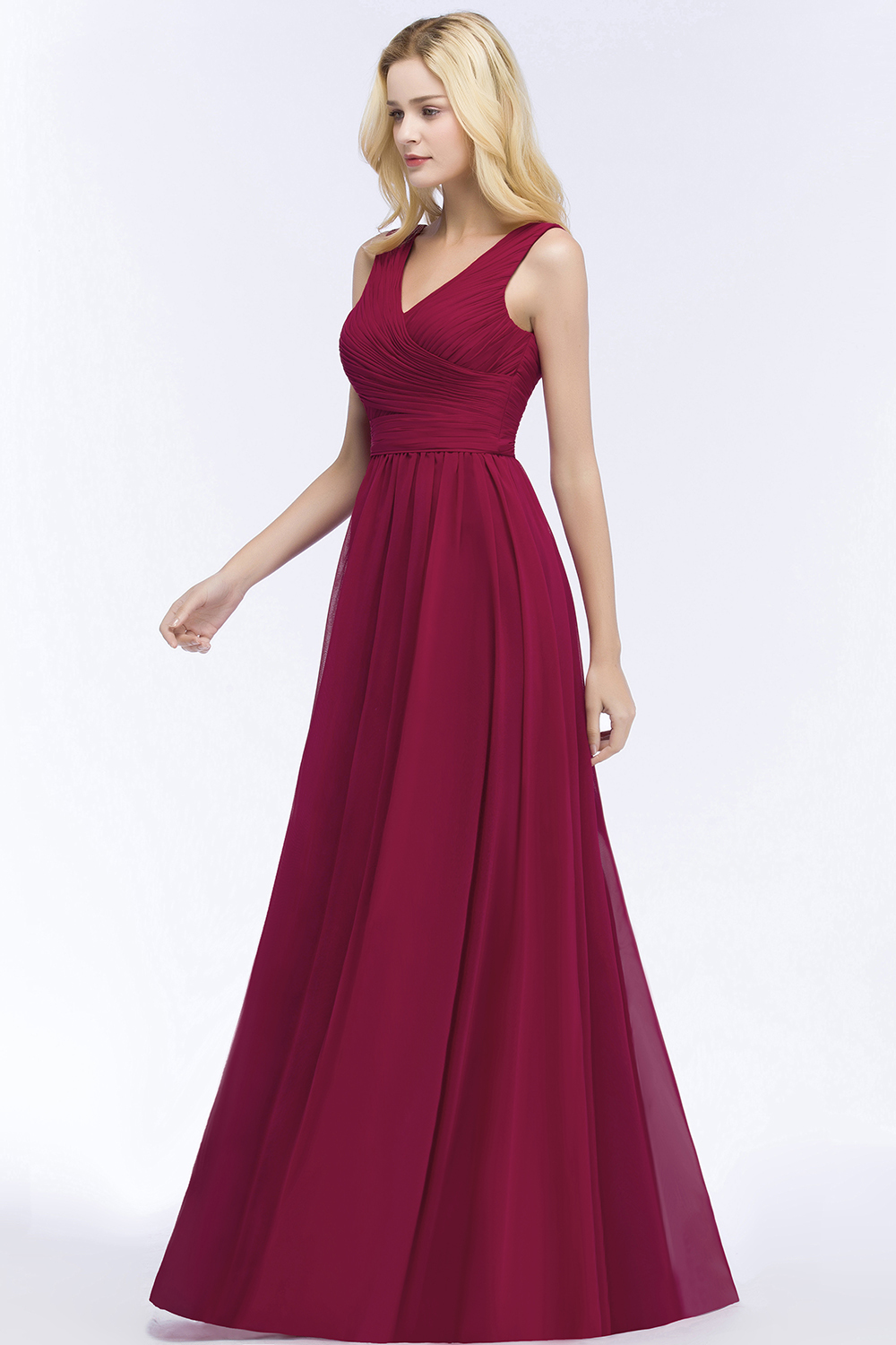 PATIENCE | A-line Floor Length V-neck Sleeveless Ruffled Chiffon Bridesmaid Dresses-newarrivaldress