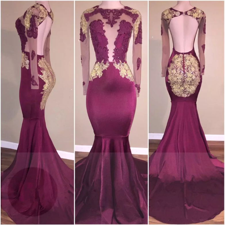 Appliques Open Back Zipper Gorgeous Mermaid Long Sleeve Prom Dresses-newarrivaldress