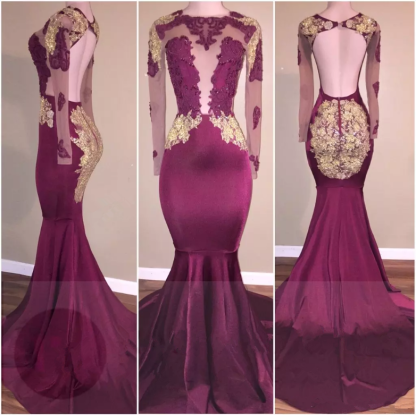 Appliques Open Back Zipper Gorgeous Mermaid Long Sleeve Prom Dresses-newarrivaldress