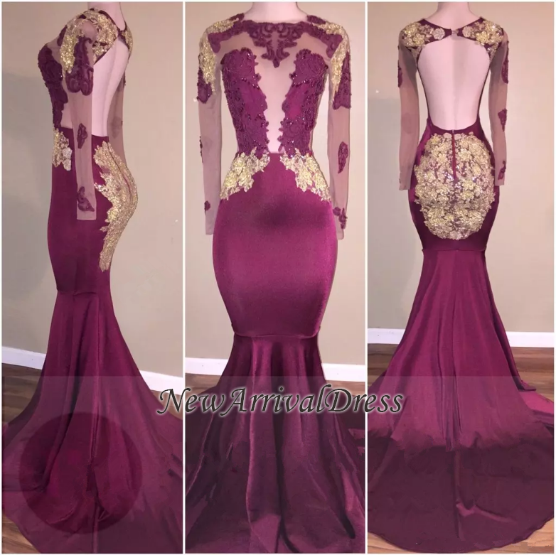 Appliques Open Back Zipper Gorgeous Mermaid Long Sleeve Prom Dresses-newarrivaldress
