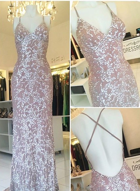 Elegant Luxurious Sweep Train Sheath Sequins Spaghetti Straps Evening Gowns-newarrivaldress