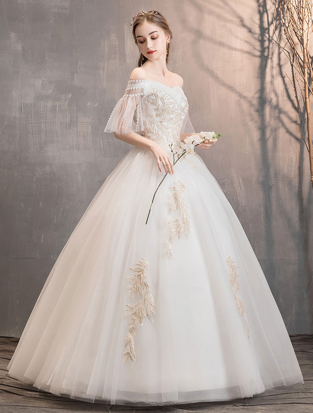 Princess Wedding Dress Ivory Off The Shoulder Floor Length Bridal Gown-newarrivaldress