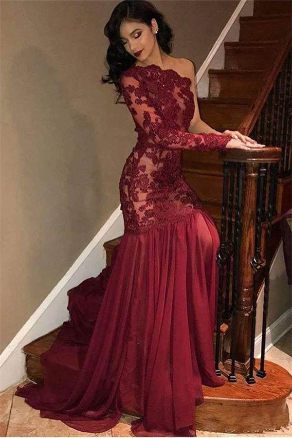 Sexy Tulle Lace One-Shoulder Long Sleeve Burgundy Evening Dress-newarrivaldress