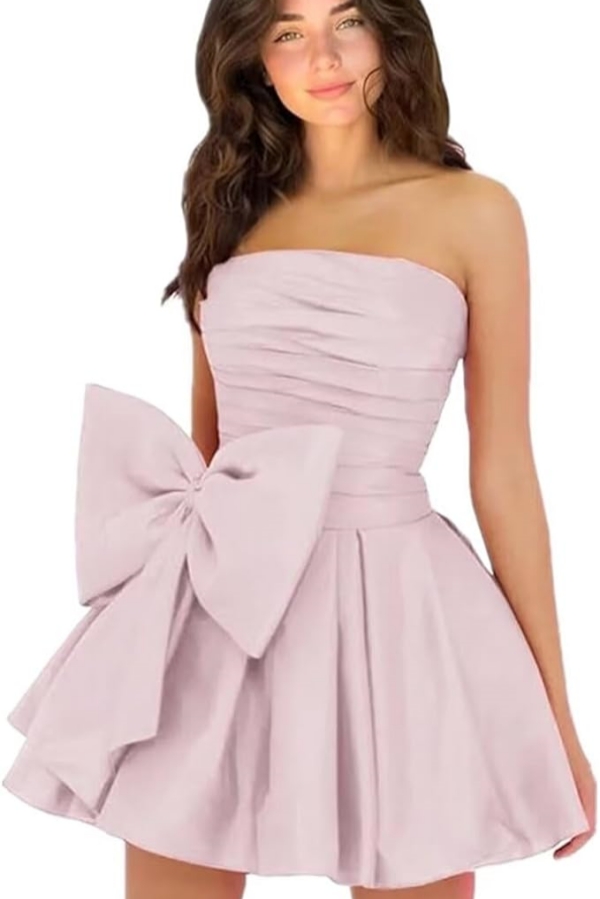 Simple Strapless Ruffle Satin Short Homecoming Dress Sleeveless Mini Party Dress with Bow-newarrivaldress
