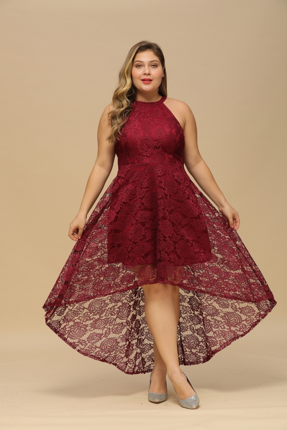Halter Sleeveless Sheath Asymmetrical Burgundy Lace Dresses-newarrivaldress