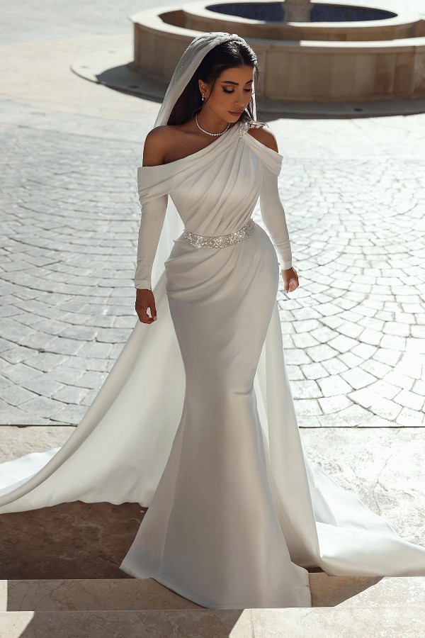 Stylish Asymmetric Shoulders Satin Long Mermaid Wedding Dress with Sweep Train-newarrivaldress