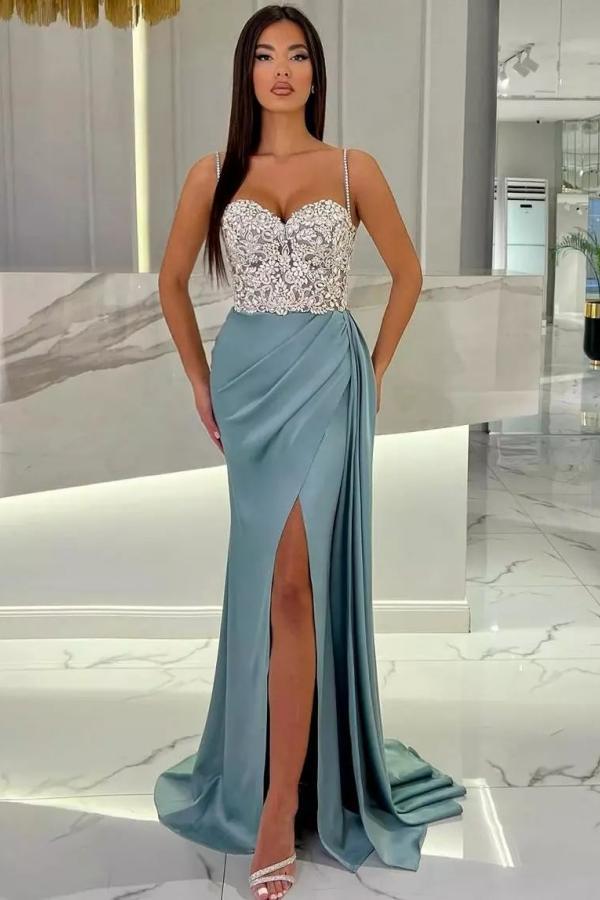 Charming Glitter Crystals Mermaid Prom Dress Ruched Satin Long Evening Dress with Straps-newarrivaldress