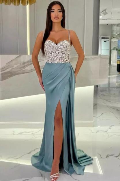 Charming Glitter Crystals Mermaid Prom Dress Ruched Satin Long Evening Dress with Straps-newarrivaldress