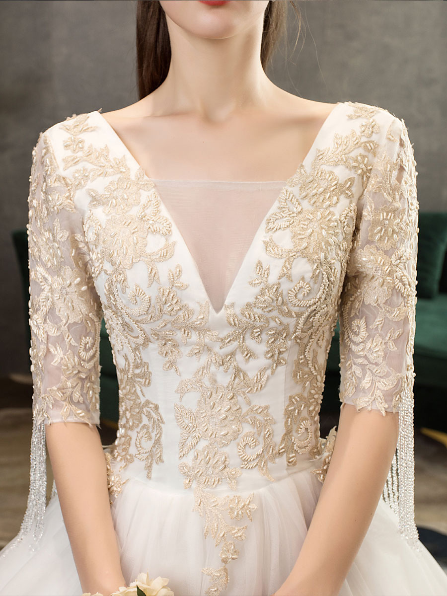 Princess Wedding Dress Ivory Lace Applique V Neck Half Sleeve Bridal Gown With Train-newarrivaldress