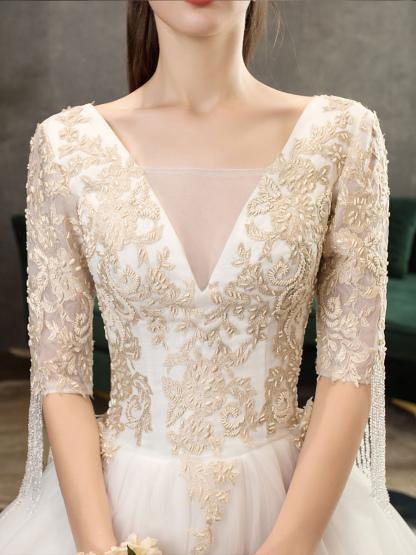 Princess Wedding Dress Ivory Lace Applique V Neck Half Sleeve Bridal Gown With Train-newarrivaldress