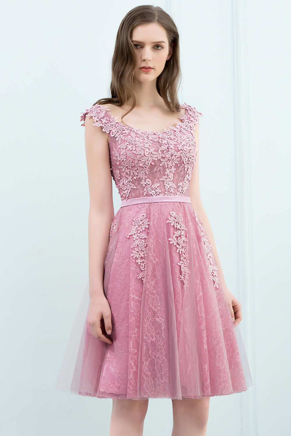 WILMA | Ball Gown Illusion Neckline Tea Length Lace Tulle Dusty Pink Prom Dresses with Beading-newarrivaldress