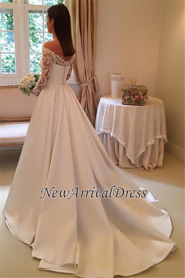 Off The Shoulder Long Sleeve Wedding Dresses | Satin Elegant Bridal Gowns Online-newarrivaldress
