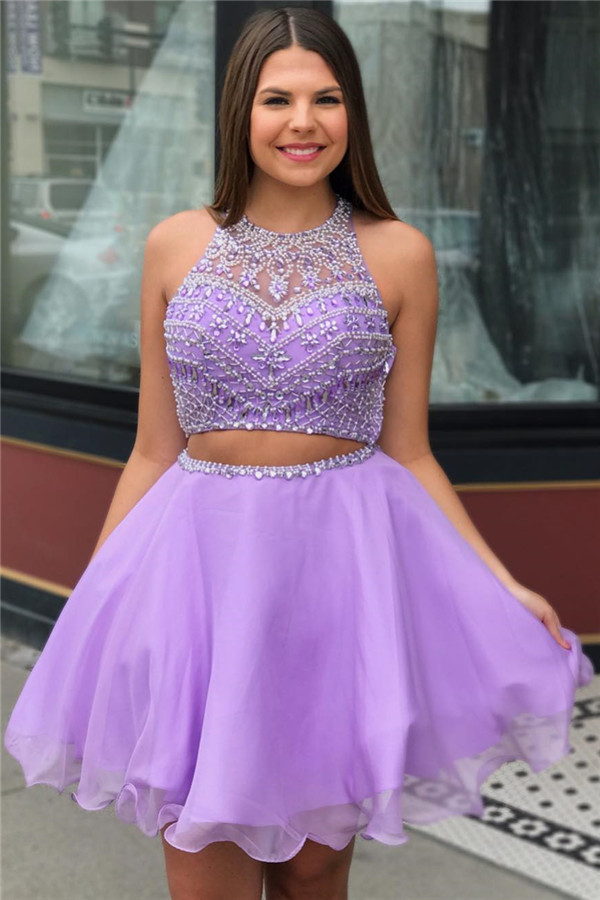 Purple Crystal Halter Sleeveless Two-Piece Home-Coming Dresses-newarrivaldress