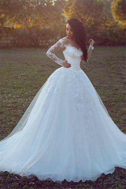 Appliques Glamorous Tulle Long Sleeve Ball Gown Wedding Dresses Online-newarrivaldress