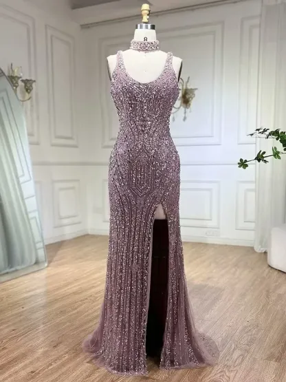 Fashion Sheath Bead Embroidery Dusk Square Split Long Prom Dress
