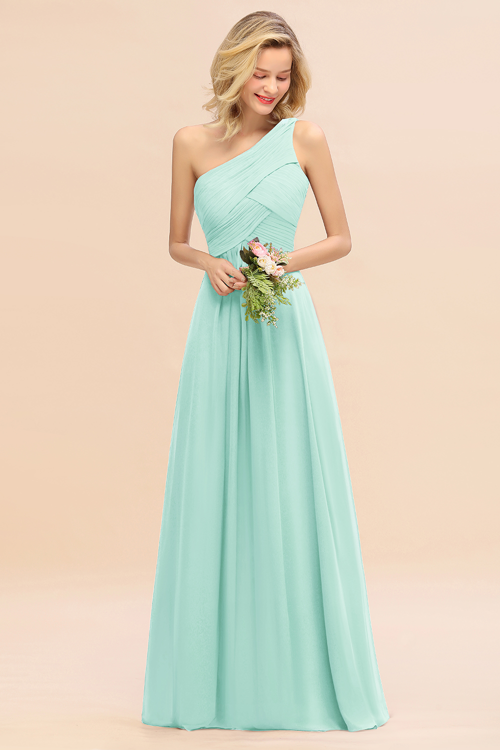 Elegant Ruched Chiffon One Shoulder Bridesmaid Dress Long Sleeveless Evening Dress-newarrivaldress
