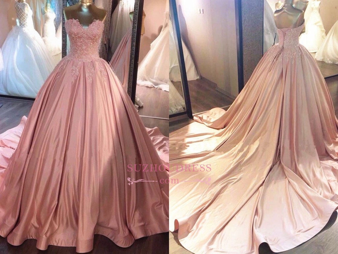 Strapless Lace Appliques Ball Gown Evening Dresses | Pink Quinceanera Dresses with Train BA8271-newarrivaldress
