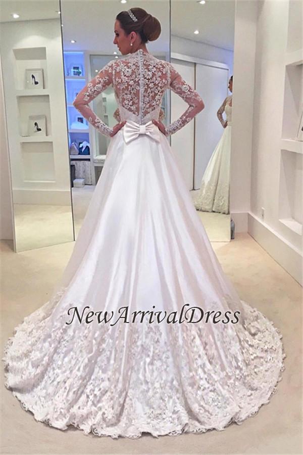 A-Line Bowknot Long Sleeve Sweep Train Newest Appliques Wedding Dresses Online-newarrivaldress