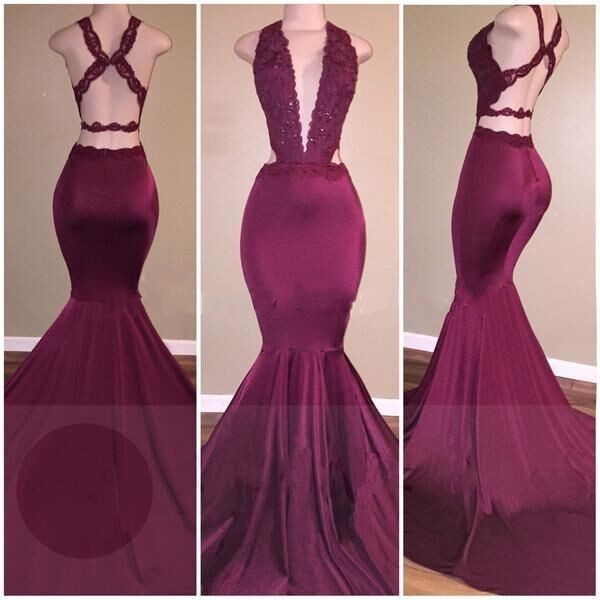 Mermaid Deep V-Neck Beads Cris-cross Back Long Prom Dresses-newarrivaldress