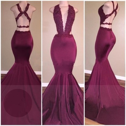 Mermaid Deep V-Neck Beads Cris-cross Back Long Prom Dresses-newarrivaldress