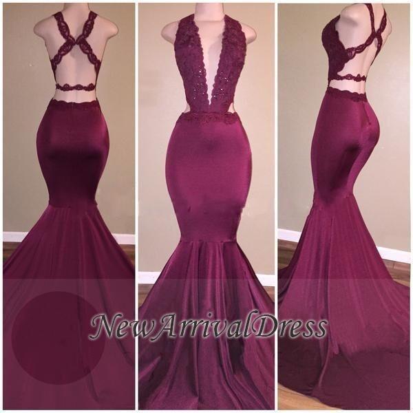 Mermaid Deep V-Neck Beads Cris-cross Back Long Prom Dresses-newarrivaldress