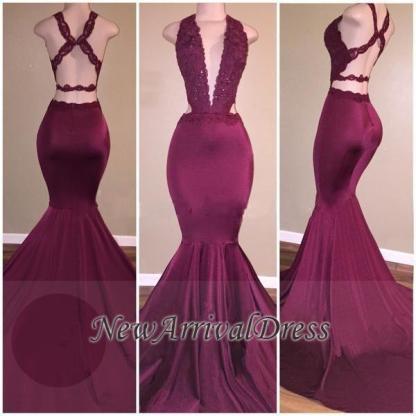 Mermaid Deep V-Neck Beads Cris-cross Back Long Prom Dresses-newarrivaldress