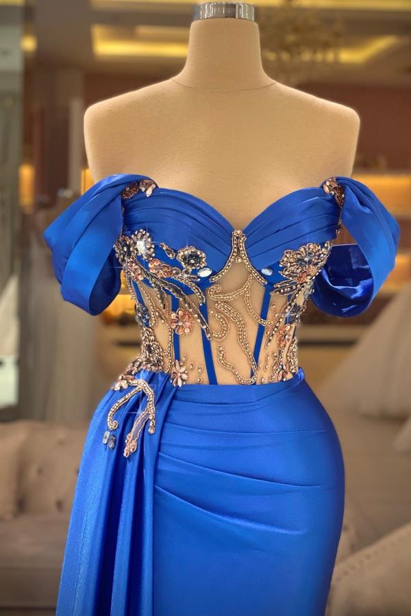 Amazing Off-the-Shoulder Rinestones Satin Mermaid Evening Gowns with Train-newarrivaldress