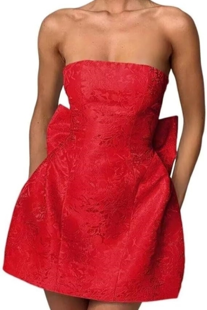 Chic Strapless Ruffle Satin Sheath Prom Dress Short Homecoming Dresses with Bow-newarrivaldress