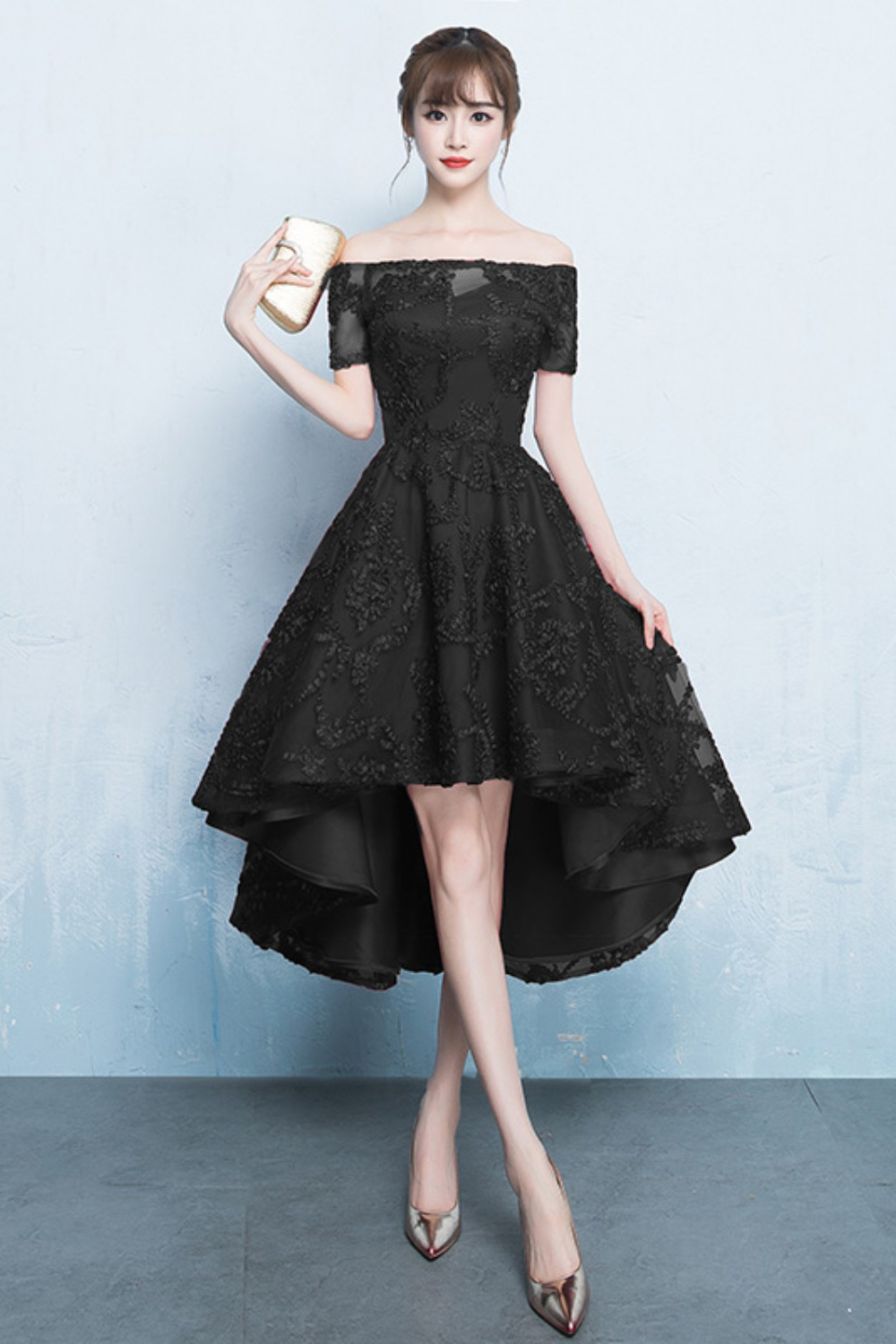 A-line Hi-lo Off-the-shoulder Short Sleeves Appliques Homecoming/Cocktail Dresses-newarrivaldress