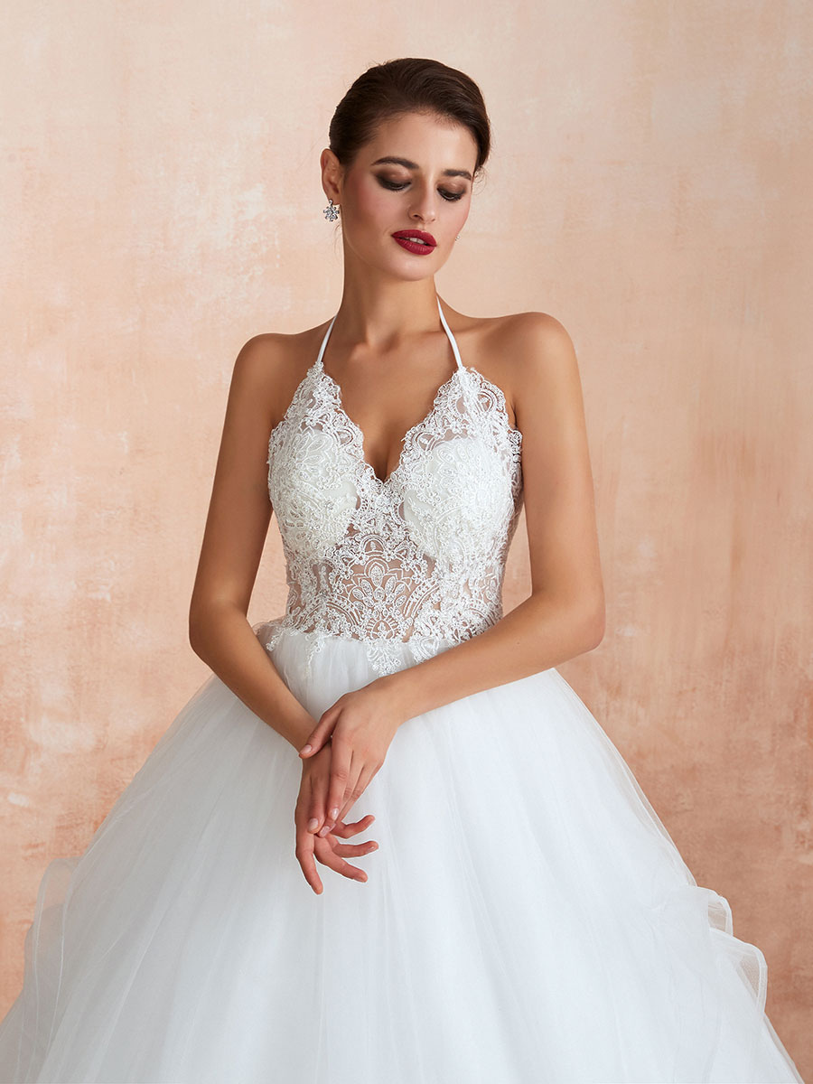 Wedding Dress 2021 Ball Gown Halter Sleeveless Floor Length Lace Tulle Bridal Gowns With Train-newarrivaldress