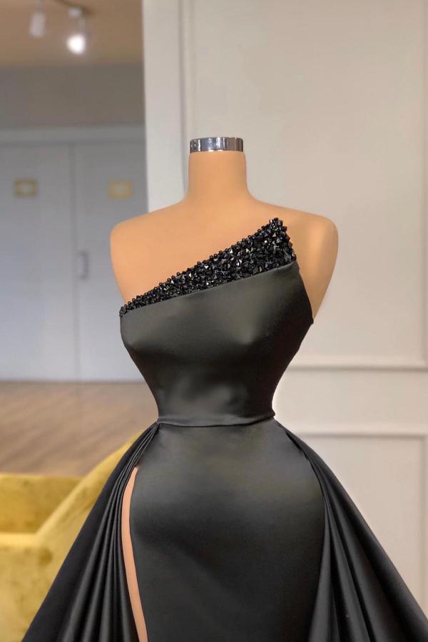 Stunning Black Sparkly Sequins Satin Long Evening Gown Side Split with Sweep Train-newarrivaldress