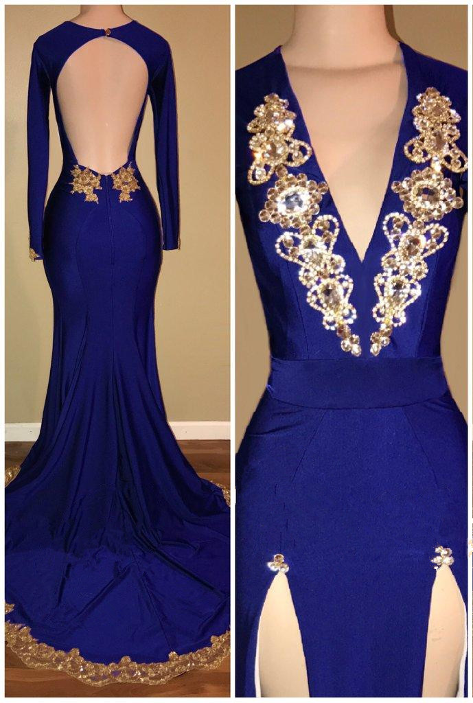 Royal Blue Long Sleeve Prom Dresses |Gold Beads Mermaid Evening Dress With Slit BA8513-newarrivaldress