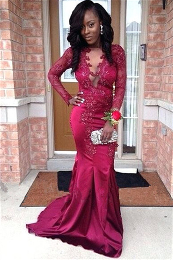 Stunning V-Neck Appliques Long Sleeves Mermaid Prom Dress-newarrivaldress