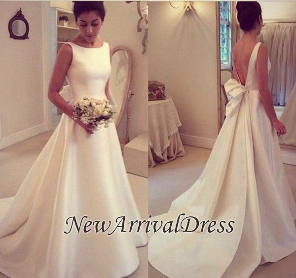 New Arrival A-line Sleeveless Jewel Sweep Train Elegant Bowknot Wedding Dresses-newarrivaldress