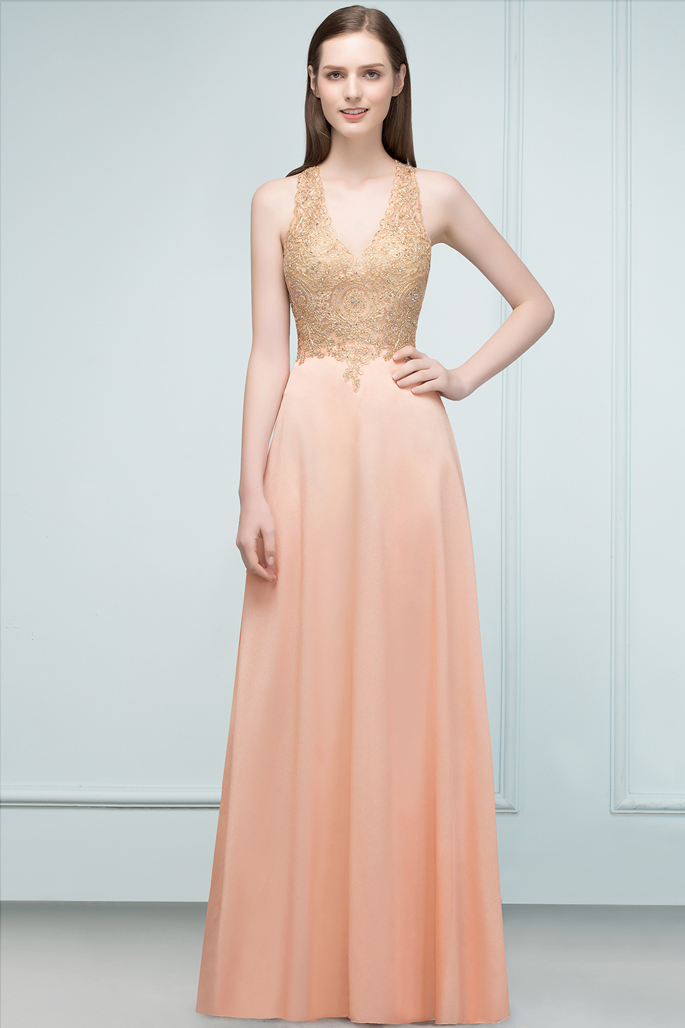 JULIETA | A-line Floor Length V-neck Sleeveless Appliques Chiffon Prom Dresses-newarrivaldress