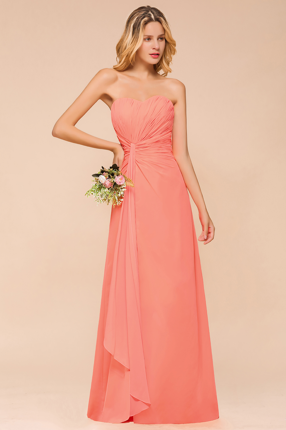 Sweetheart Ruffle Affordable Coral Chiffon Bridesmaid Dresses Strapless Lace-up Floor Length Wedding Guest Dresses-newarrivaldress