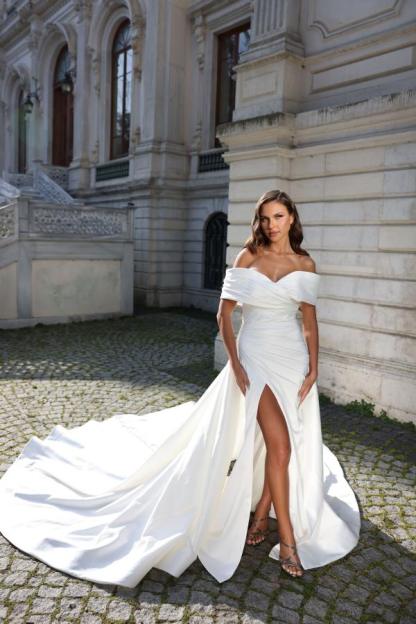 Off-the-Shoulder White Front Slit Long Wedding Dress-newarrivaldress