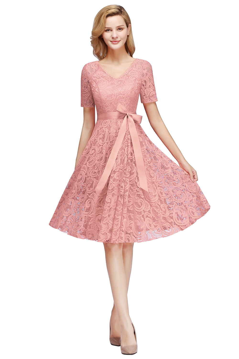 Elegant V-neck Short Sleeves Lace Dresses with Bow Sash-newarrivaldress