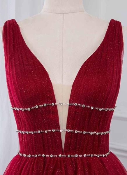 Deep V-Neck Sleeveless Tulle A-Line Rhinestones Prom Dresses-newarrivaldress