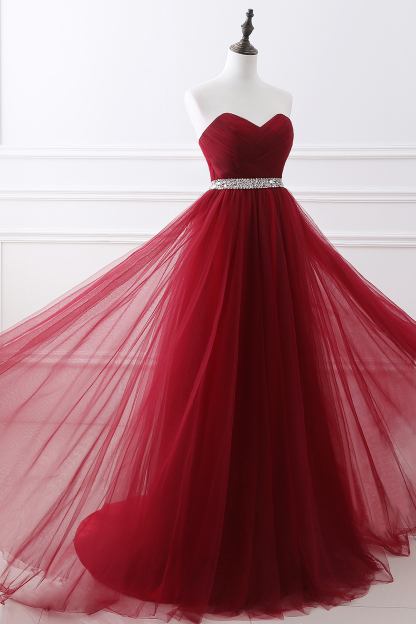 Custom Made Fluffy Tulle A-line Sweetheart Burgundy Prom Dresses With Beads Belt-newarrivaldress