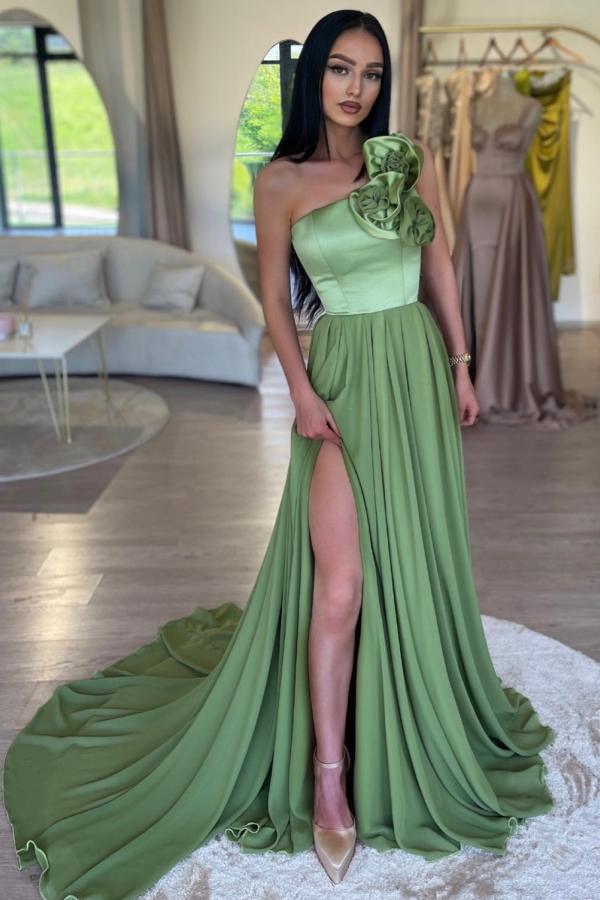 One Shoulder Slit Evening Dress Satin Long Prom Dress with Flower-newarrivaldress