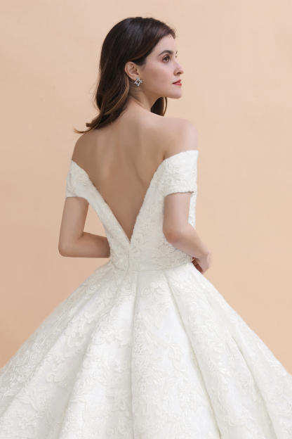 Charming Off-the-Shoulder Appliques Ball Gown Backless Sweep Train-newarrivaldress