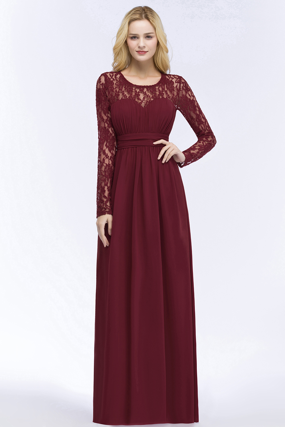 ROSALIE | A-line Floor Length Long Sleeves Lace Chiffon Bridesmaid Dresses-newarrivaldress