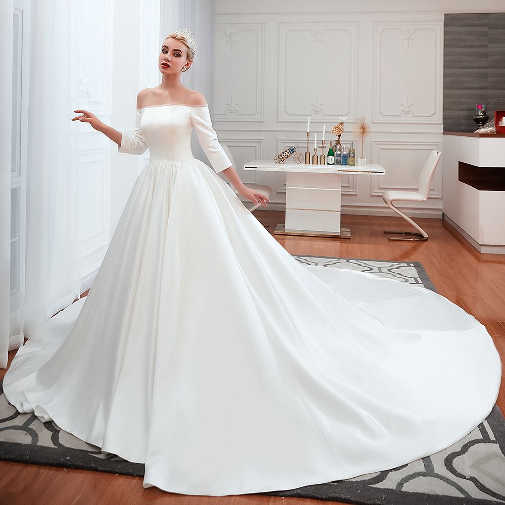 Amazing Off Shoulder Satin Wedding Dress Aline with Sleeves-newarrivaldress