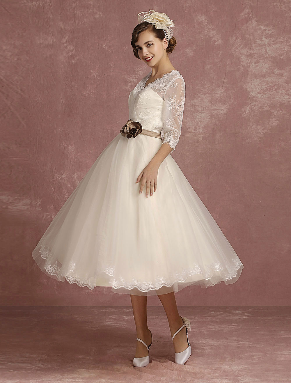 Vintage Wedding Dress Short Lace Tulle Bridal Dress Half Sleeve V Neck Backless A Line Flower Sash Tea Length Bridal Gown Exclusive-newarrivaldress