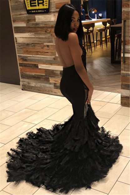 Black Mermaid Halter Sleeveless Open Back Applique Prom Dresses-newarrivaldress